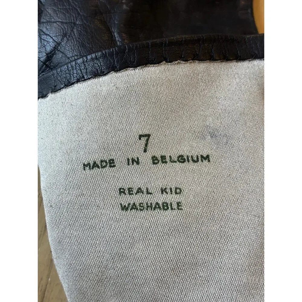 Vtg 50s Black REAL KIDSKIN Leather Gloves Sz 7 Belgium Opera Silk Lined Long 14”